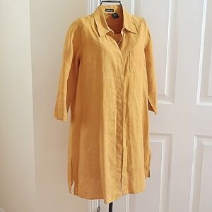 NEW Willi Smith Linen Shirt Dress Tunic 3/4 Sleeve Mustard M Lagenlook